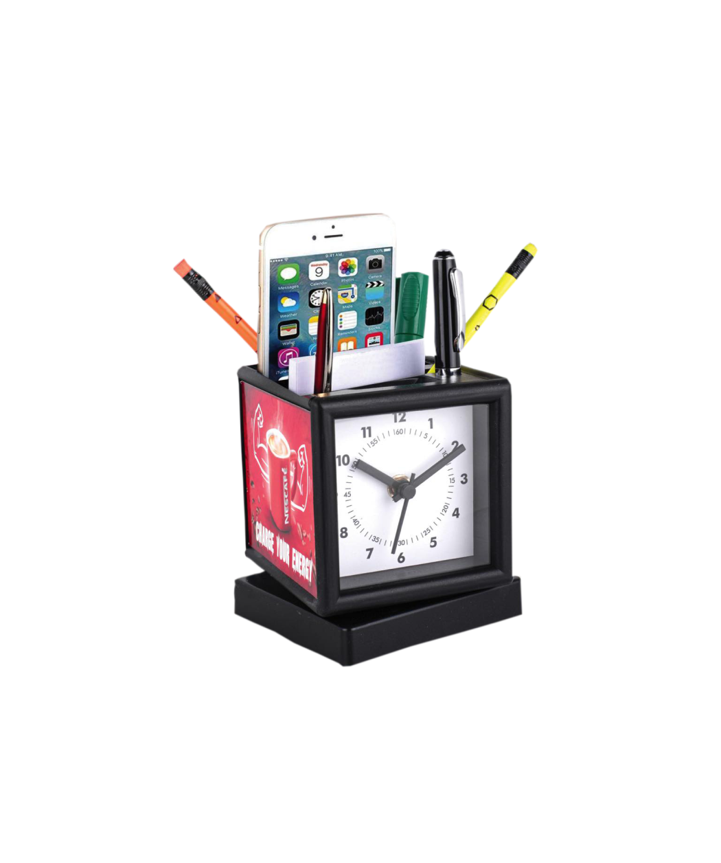 MG-SY12 – Rotating Clock With 3 Side Branding Area | Has Pen Stand & Large Stationery Holder | Branding Included MOQ 200 Pc